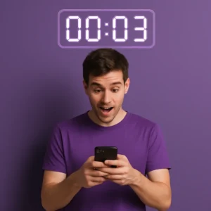 Young man checking phone with digital countdown timer on screen
