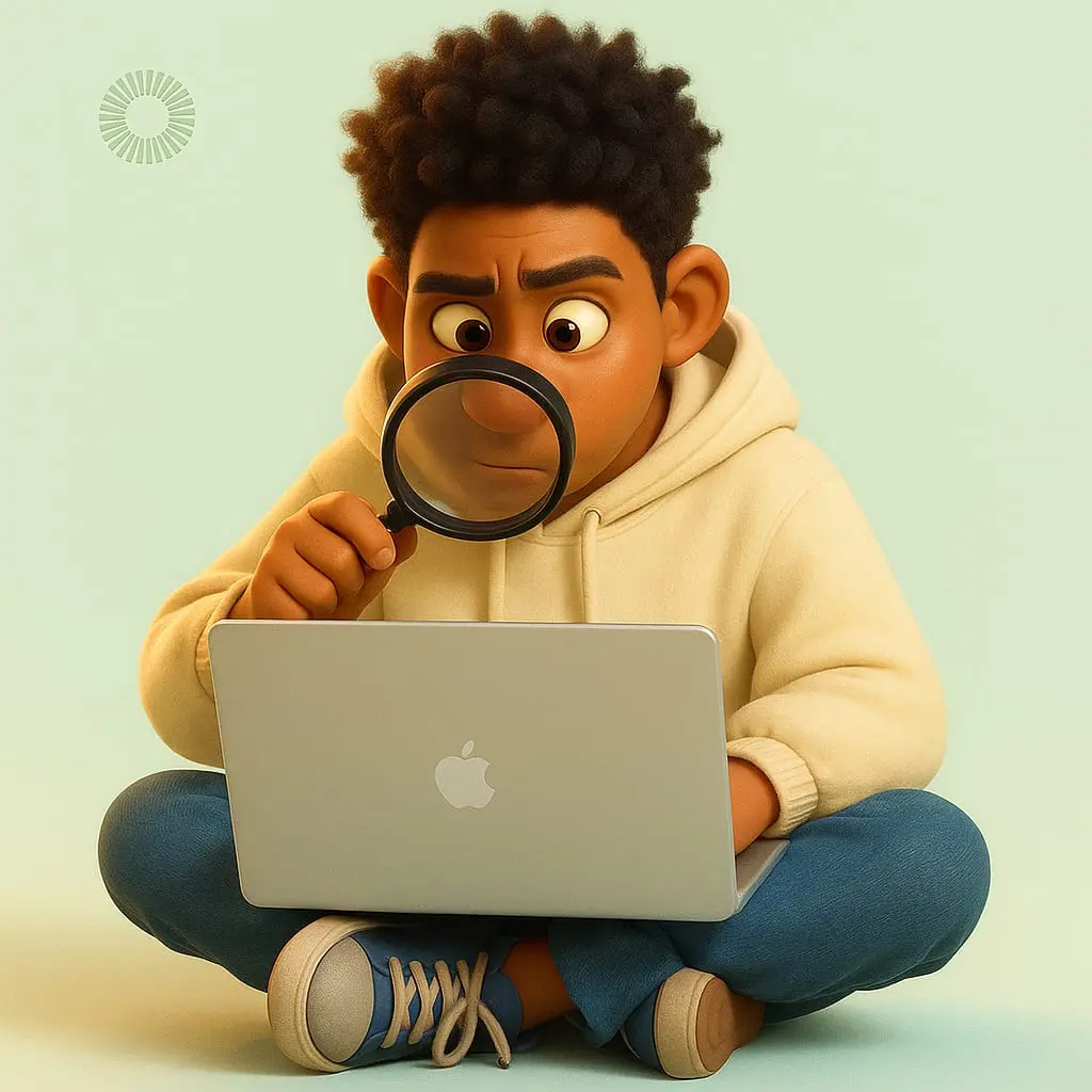 Digital marketing concept 2025 – focused young professional using laptop and magnifying glass