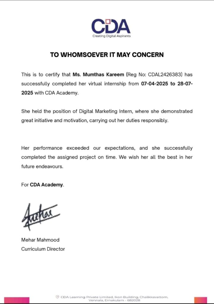 Digital Marketing Internship Certificate Mumthas Kareem, Kollam